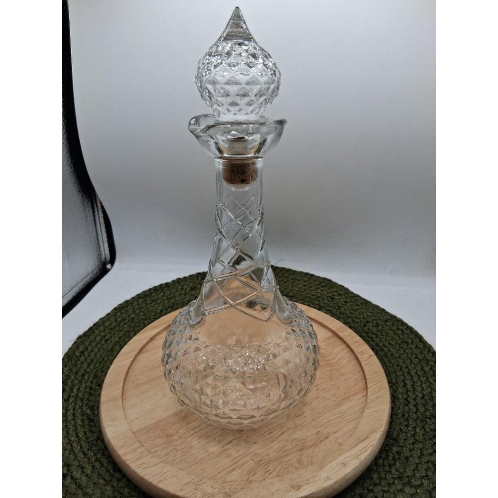 Vintage Diamond-Cut Clear Glass Decanter With Cork Stopper & Ornate Lid